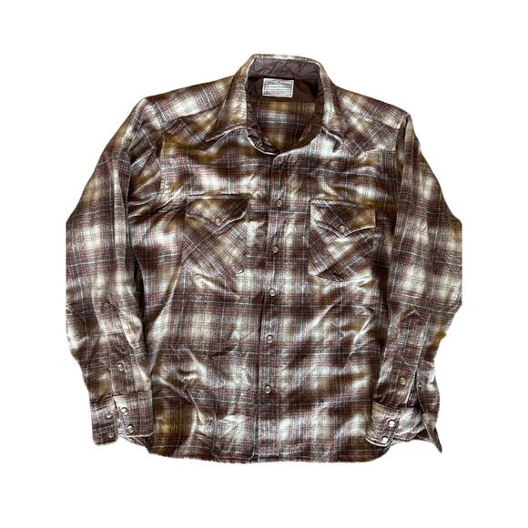 VTG Pendleton USA Made Wool L Brown Beige Tattersall Plaid Pearl Snap Western - Picture 1 of 8
